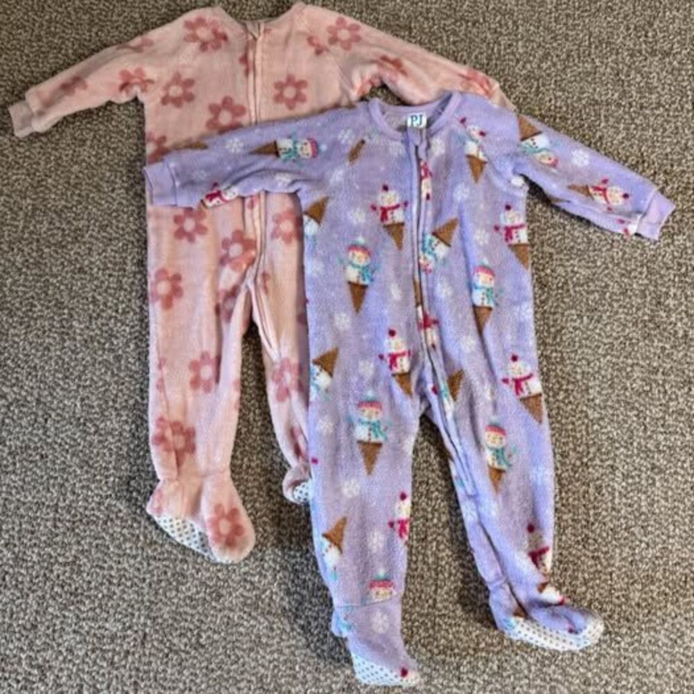 PJ Place Fleece Footed Sleeper Bundle 2pc Purple Floral Pink 12-18M